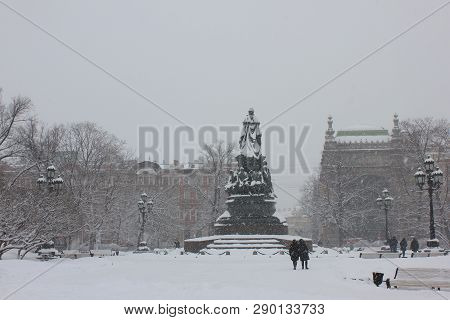 Ekaterininsky Garden And Ostrovsky Square On Winter In Saint Petersburg, Russia. Outdoor City Park V