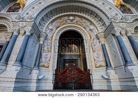 Close Up Entrance To Kronstadt Or Nicholas Marine Cathedral In St.petersburg
