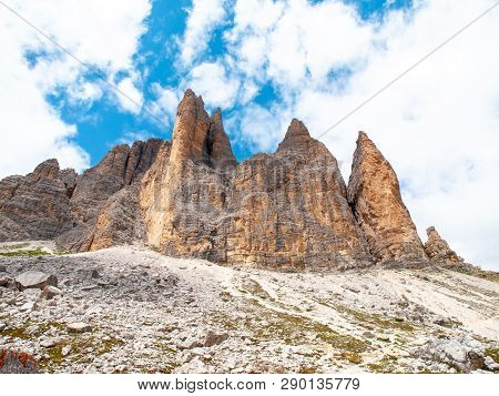 Tre Cime Di Lavaredo, Aka Drei Zinnen, Rock Formation In Dolomites, Italy