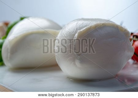 Balls Of Buffalo Mozzarella, Soft Italian Scheese Made From The Milk Of Italian Mediterranean Buffal