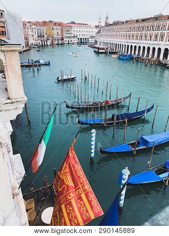 Venice, Italy. March 2019: Flag Of Venice, Main Symbol Of The City The Golden Winged Lion Of Evangel