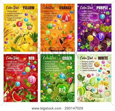 Color Detox Diet, Vegetables And Berries, Fruits. Vector Durian And Pineapple, Banana And Wheat, Pap