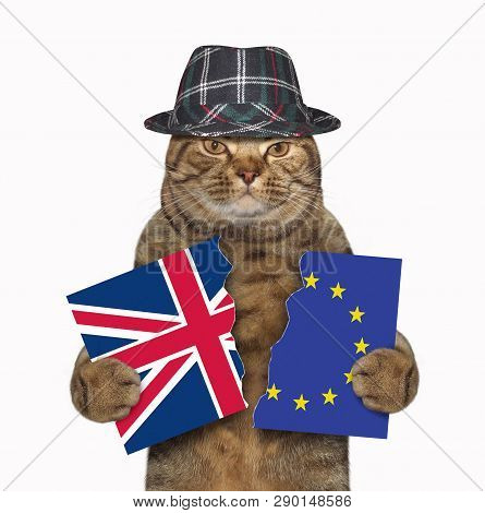 The Funny Cat In A Hat Holds A Banner Torn In Half. One Part Is The Flag Of Great Britain And The Se