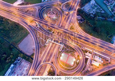 Bangkok Expressway Top View, Top View Over The Highway,expressway And Motorway At Night, Aerial View