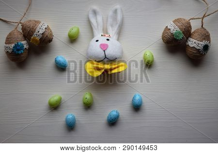 Easter Eggs On A White Wooden Background. Easter Background.