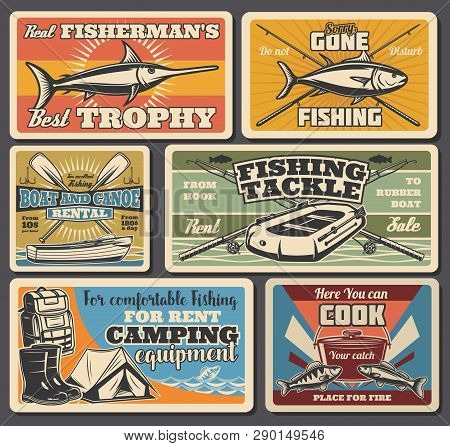Fishing Equipment, Sport And Recreation, Travel And Camping. Vector Marlin And Salmon, Rod And Boot,