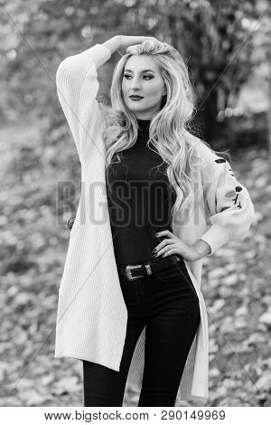 Autumn Fashionable Cardigan. Girl Stylish Outfit With Soft Wool Or Cashmere Cardigan. Feel So Warm A