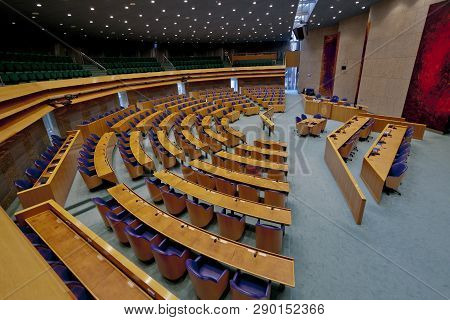 Den Haag, The Netherlands - August 29, 2012: Wide View Of Interior Of The Empty Plenary Hall Of The 