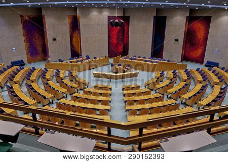 Den Haag, The Netherlands - August 29, 2012: Wide View Of Interior Of The Empty Plenary Hall Of The 