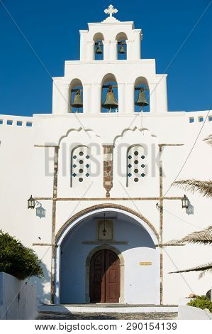 Pyrgos, Greece - August 01, 2012: Church Of Pyrgos Kallistis At Santorini Island In Pyrgos, Greece.