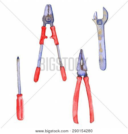 Watercolor Drawing Pliers, Screwdriwer And Wrench, Instruments, Tool Kit, Hand Drawn Illustration