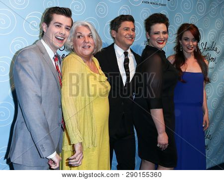 NEW YORK-APR 14: (L-R) Nick Spangler, Tyne Daly, David Burtka, Lisa Howard & Sierra Boggess at the Broadway after party for 'It Shoulda Been You' at The Edison Ballroom on April 14, 2015 in New York C