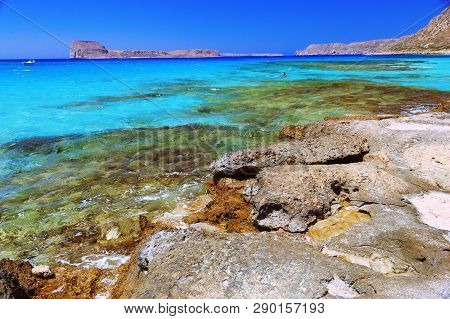Sea Shore With Clear Sea Water And Stone. Beach Balos, Grecce, Crete, Europe. Beautiful Seascape.