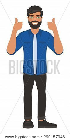 Happy Smiling Man Shows Thumbs Up. Gesture, Symbol Or Sign Like, Cool, Agree, Approve. Bearded Dark-