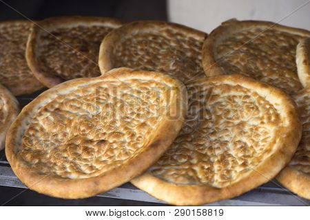 Round Cakes Are Sold On The Street. Round Flat Bread