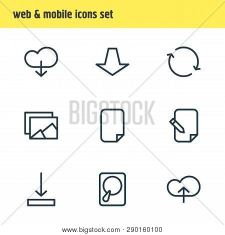 Illustration Of 9 Memory Icons Line Style. Editable Set Of Pull, Arrow Down, Sync And Other Icon Ele