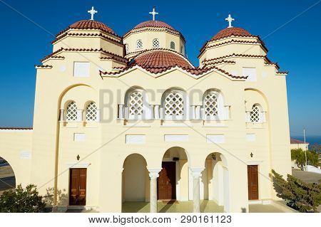 Kamari, Greece - August 03, 2012: Exterior Of An Orthodox Church At Santorini Island In Kamari, Gree