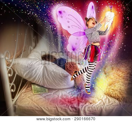 The Tooth Fairy Took A Tooth From A Sleeping Child From Under The Pillow, Left One Dollar As A Gift 