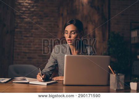 Close Up Photo Stunning She Her Business Lady Promotion Work Day Night First Startup Found Correct F