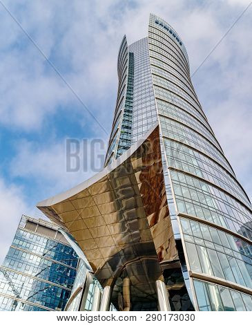 Warsaw Poland. February 18, 2019. Business Center. Glass Building. Against The Sky.