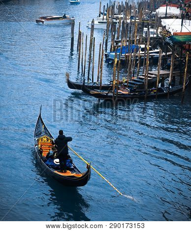 Venice / Italy 19 February 2019 : Gondol In The Grand Canal ,tradiotional Transportation Of Venice