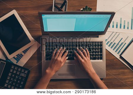 Cropped Top Above High Angle View Of Feminine Hands Typing E-mail Partner Human Journalism Part Time