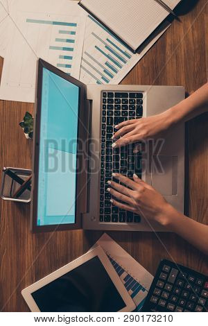 Vertical Top Above High Angle View Of Feminine Hands Typing Keyboard Email Journalism Part Time Offe