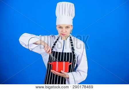 Use Hand Whisk. Kitchen Utensils Concept. Best Whipping Techniques. Woman Chef Hold Whisk And Pot. W