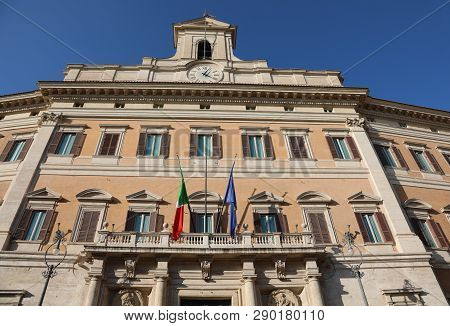 Montecitorio Palace In Rome Italy Headquarters Of The Italian Parliament With Flags