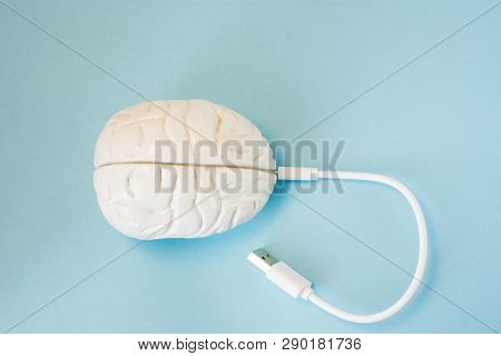 Brain With Inserted In Socket Plug Wire Or Charging Cord. Concept Technology Wired Transmission Of D