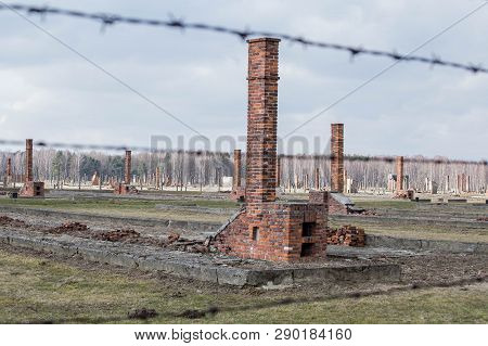 Auschwitz Ii Birkenau, Ruins Of Barracks At Birkenau. Stoves And Chimneys Are All That Remains Of Ol