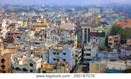 Vijayawada, INDIA - January 7 2019 : Aerial view of city in twilight, at Vijayawada, India
