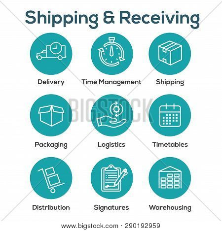 Shipping And Receiving Icon Set W Boxes, Warehouse, Checklist, Etc