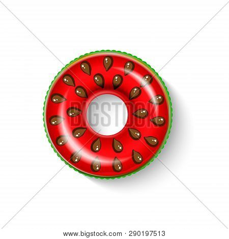 Inflatable Circle In Shape Of A Piece Of Watermelon With Shadow Isolated On White.  Realistic Summer