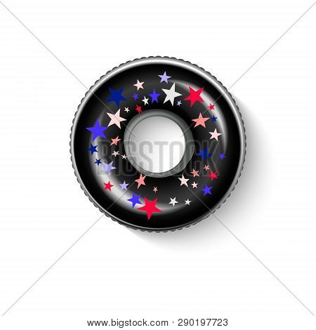 Inflatable Circle Black Sky And Stars With Shadow Isolated On White.  Realistic Summertime Illustrat