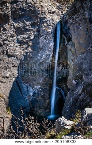 Very High Waterfall In Natural Park Rosandra Near Triest In Italy, Europe