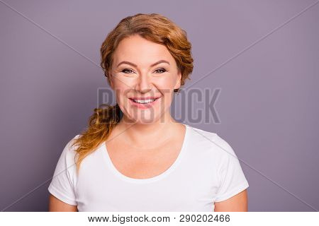 Close-up Portrait Of Her She Nice Charming Attractive Cheerful Wavy-haired Lady Wearing Casual White