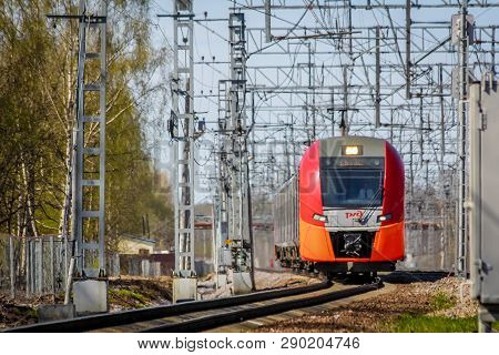 . Russian Electric Train On Rails . The Railways Of Russia, Russia, Leningrad Region, Pargolovo Stat