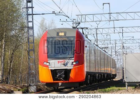 . Russian Electric Train On Rails . The Railways Of Russia, Russia, Leningrad Region, Pargolovo Stat