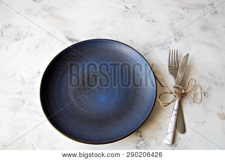 Ceramic Plate Pastel Colors Cutlery Fork Knife Dish Background Copy Space