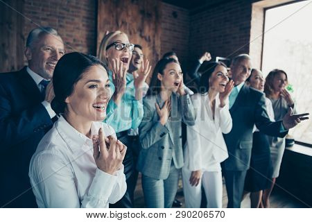 Close Up Side Profile View Photo Big Shock Diversity Age Mixed Race Business People Stand Together S