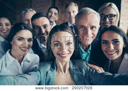Close Up Photo Business People Different Age Race Free Time Leisure Excited Team Building She Her He
