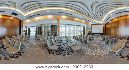 Minsk, Belarus - July 27, 2017: 360 Panorama View In Interior Of Modern Empty Conference Hall For Bu