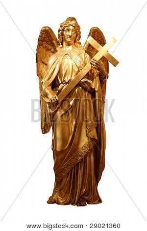 Golden angel holding a cross (clipping path included)