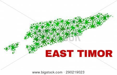 Vector Cannabis East Timor Map Mosaic. Template With Green Weed Leaves For Cannabis Legalize Campaig
