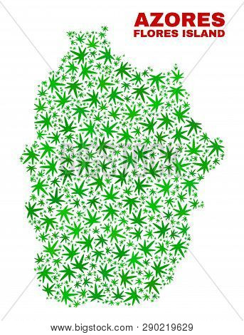 Vector Cannabis Flores Island Of Azores Map Collage. Template With Green Weed Leaves For Weed Legali
