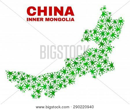 Vector Marijuana Inner Mongolia Map Collage. Template With Green Weed Leaves For Hemp Legalize Campa