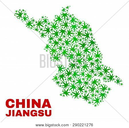 Vector Marijuana Jiangsu Province Map Mosaic. Concept With Green Weed Leaves For Weed Legalize Campa