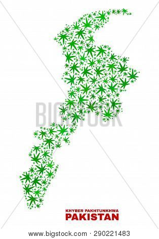 Vector Cannabis Khyber Pakhtunkhwa Province Map Collage. Concept With Green Weed Leaves For Hemp Leg