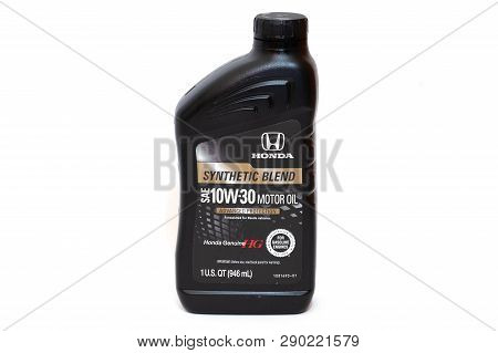 Montego Bay, Jamaica - March 15 2019: Honda Genuine Synthetic Blend Motor Oil Bottle Isolated On Whi